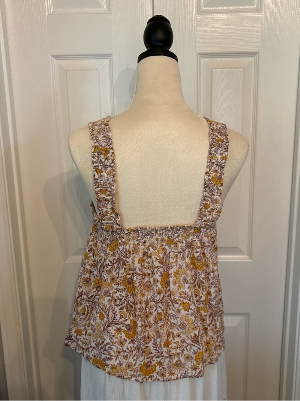 Patrons of Peace White Floral Smocked Square-Neck Tank with Mustard Print - Picture 5 of 7
